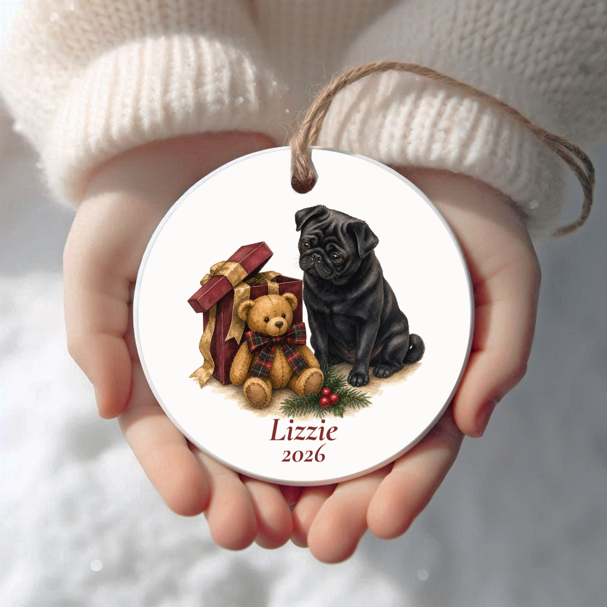 Personalized Pug (Black) Christmas ornament held in cupped hands