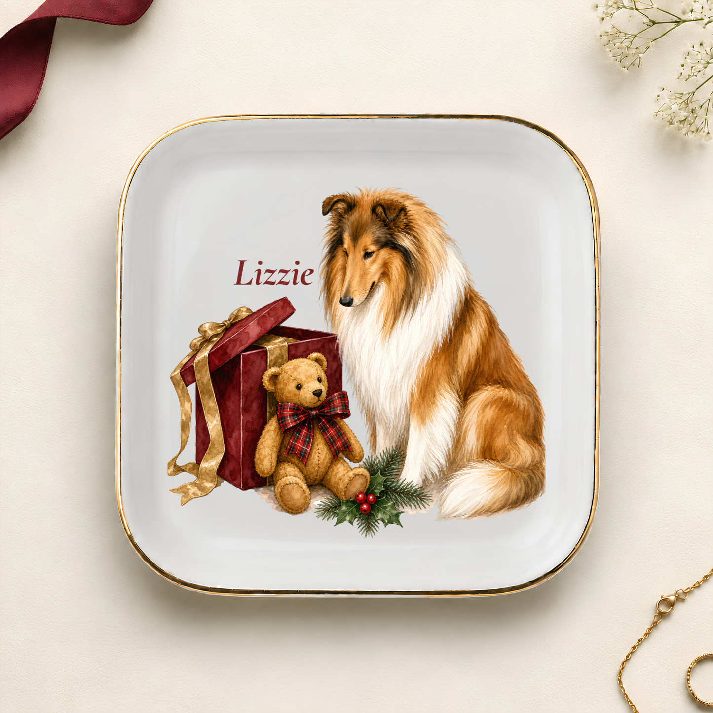 Personalized Rough Collie Christmas jewelry dish with gold rim