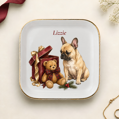 Personalized French Bulldog Christmas jewelry dish with gold rim