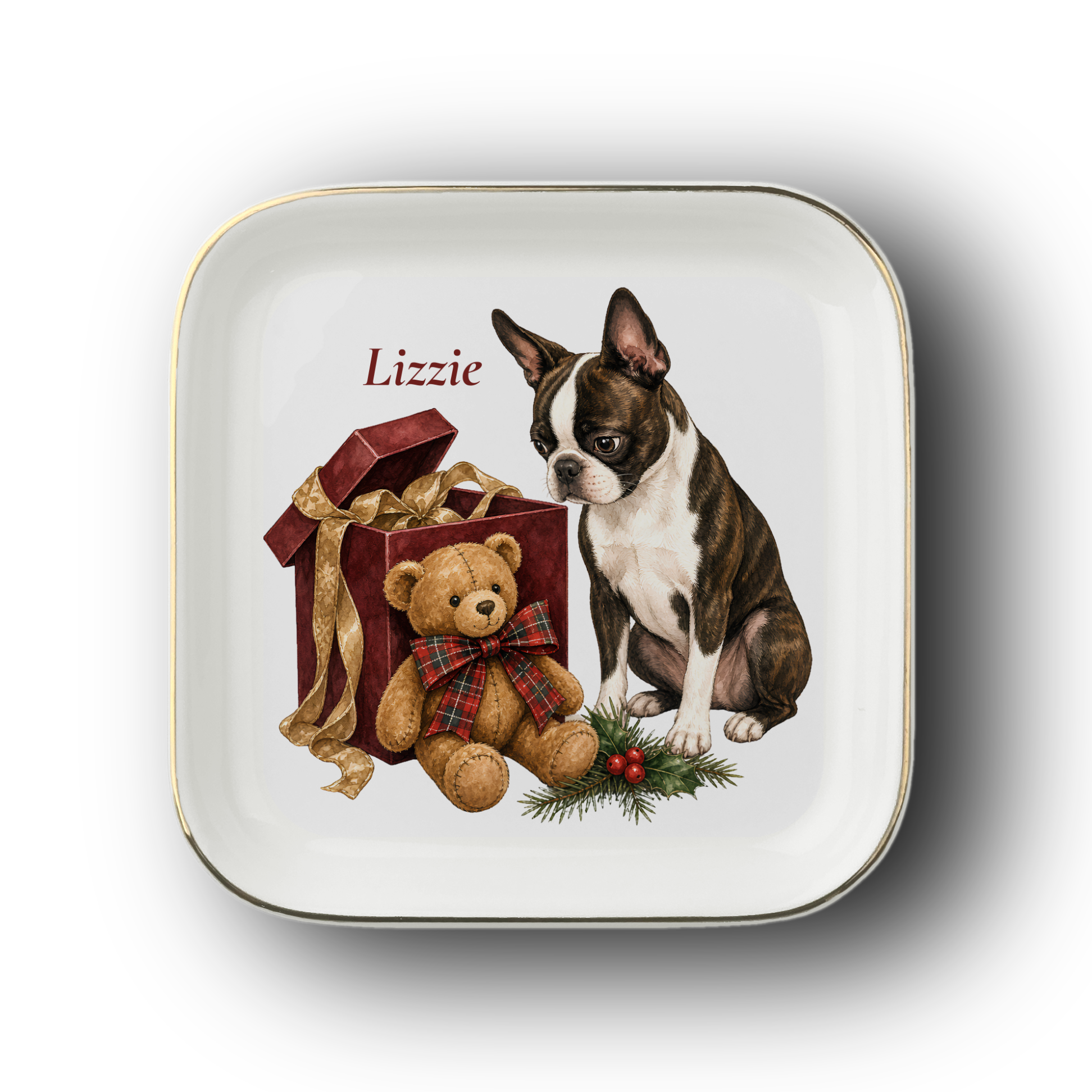 Boston Terrier jewelry dish on a white background
