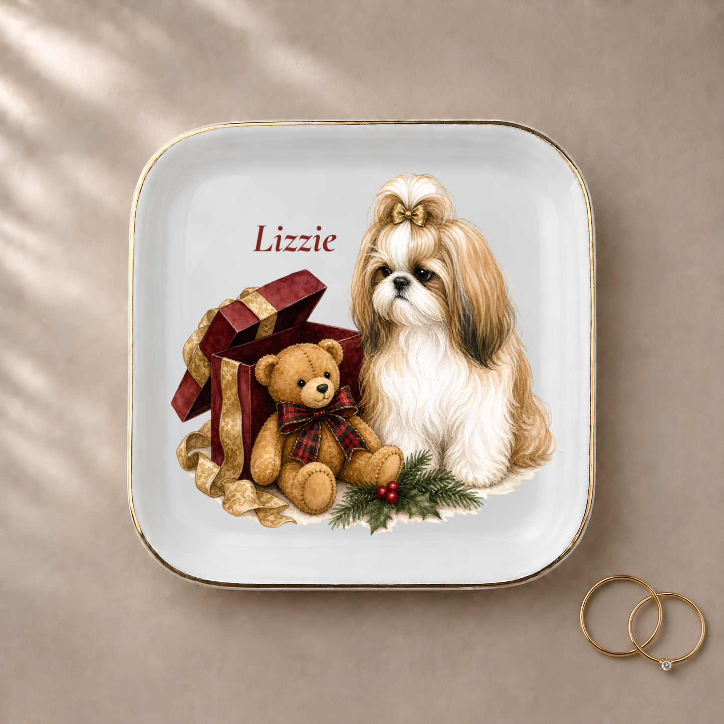 Shih Tzu jewelry dish styled with gold rings and a personalized name