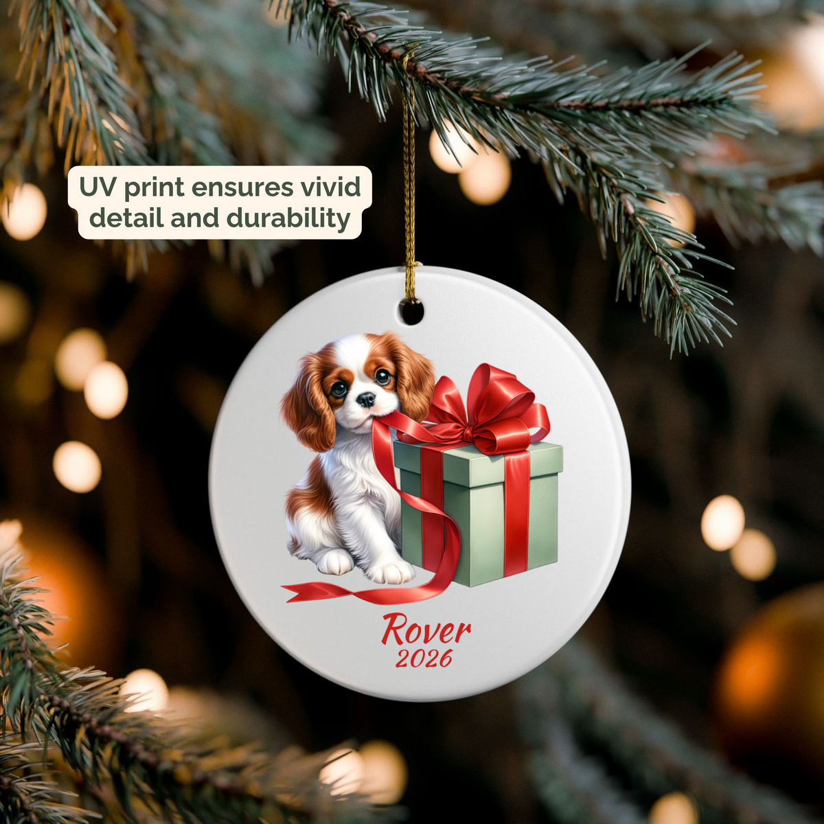 Personalized Blenheim Cavalier King Charles Spaniel ornament hanging on a lit Christmas tree