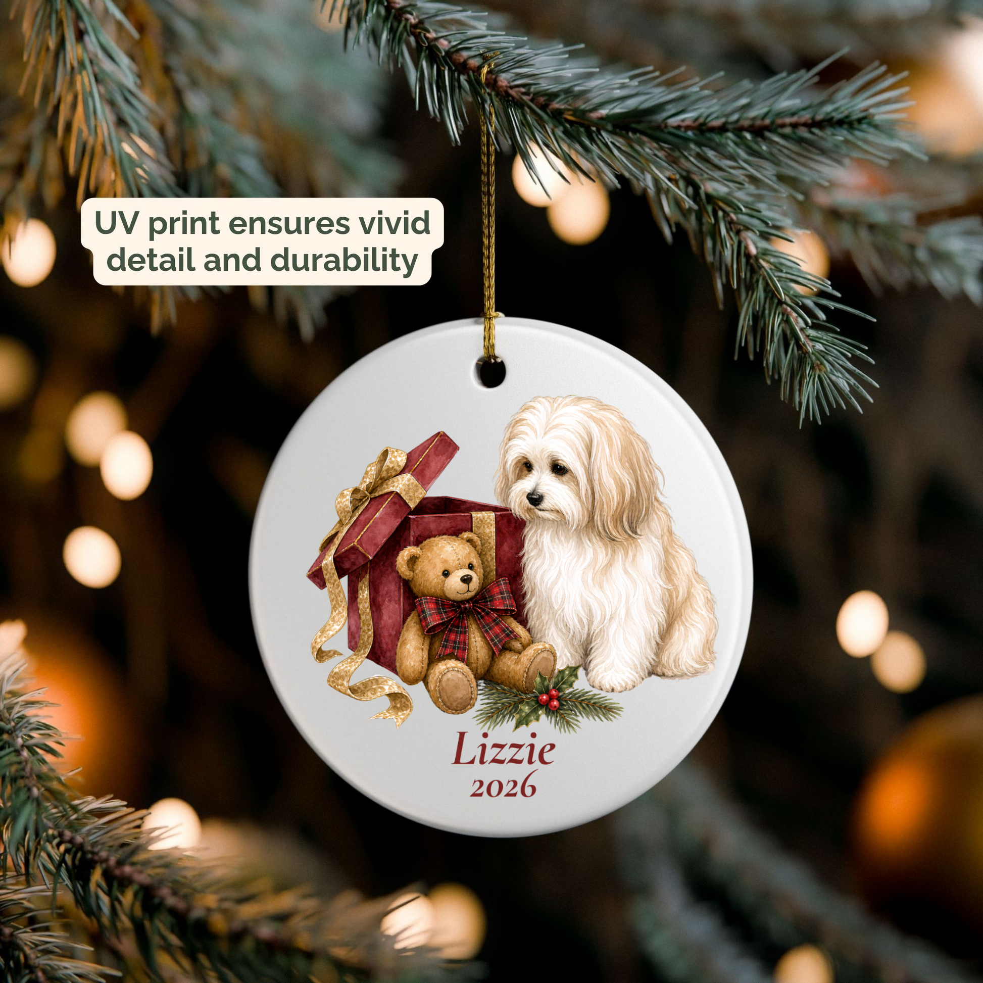 Personalized Havanese ornament hanging on a lit Christmas tree