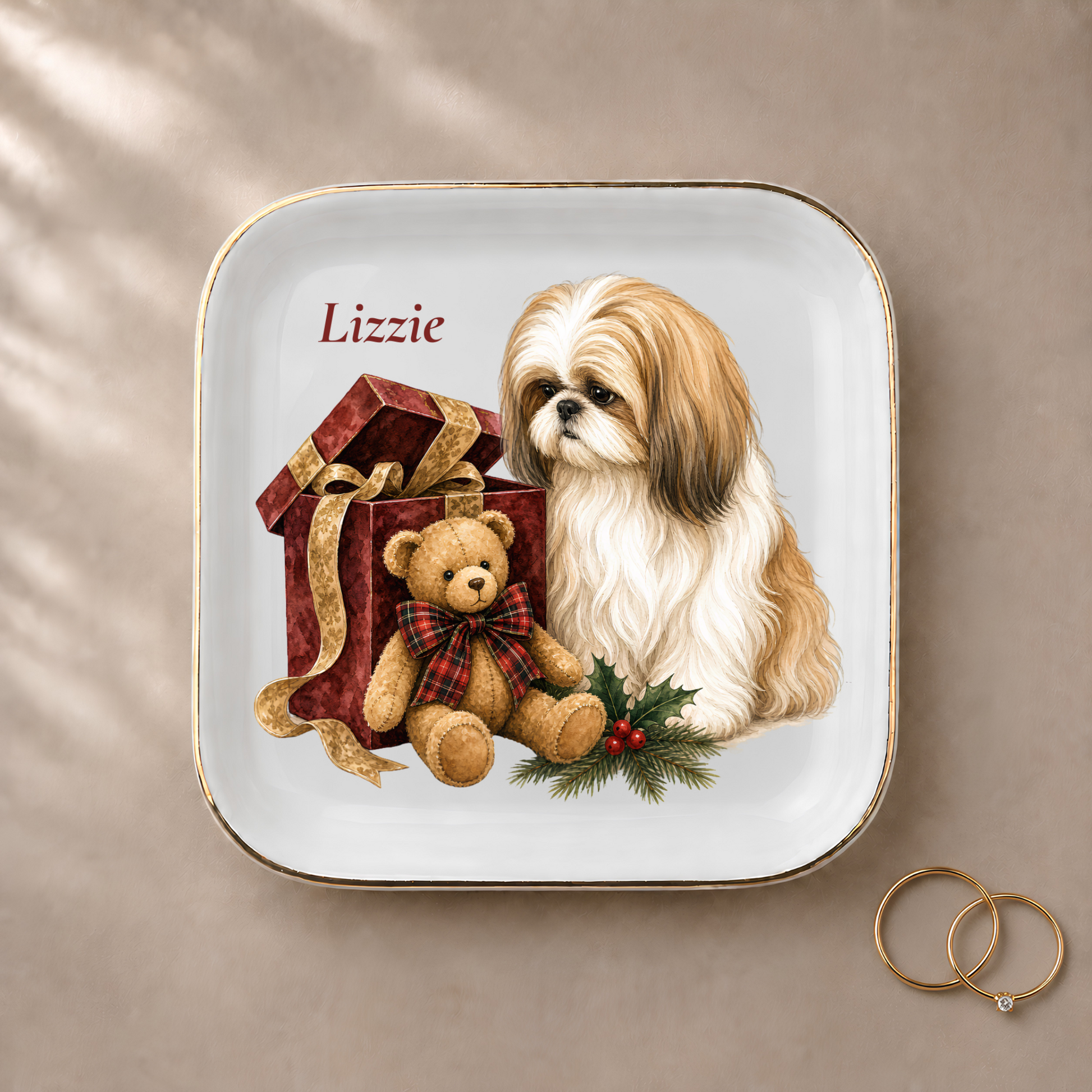 Shih Tzu jewelry dish styled with gold rings and a personalized name