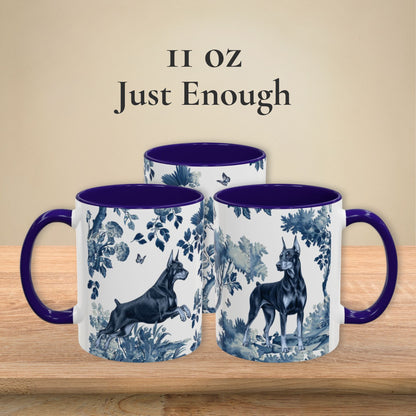Doberman Standing & Running Portrait toile 11 oz ceramic mug, left, front and right views