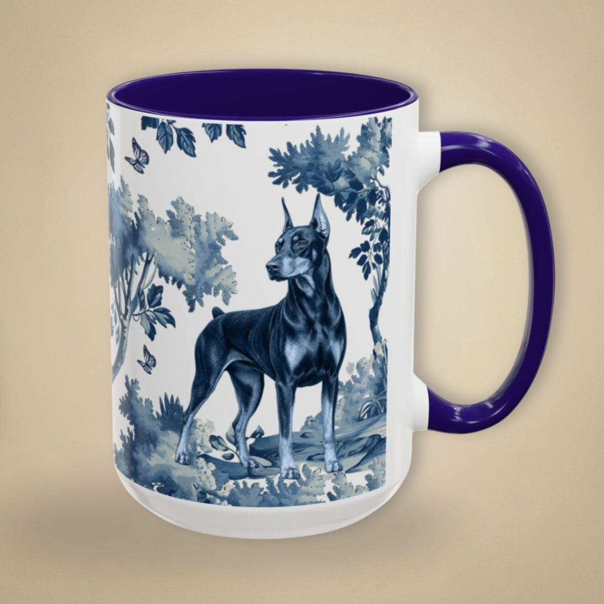 Doberman Standing & Running Portrait toile 15 oz ceramic mug, right view