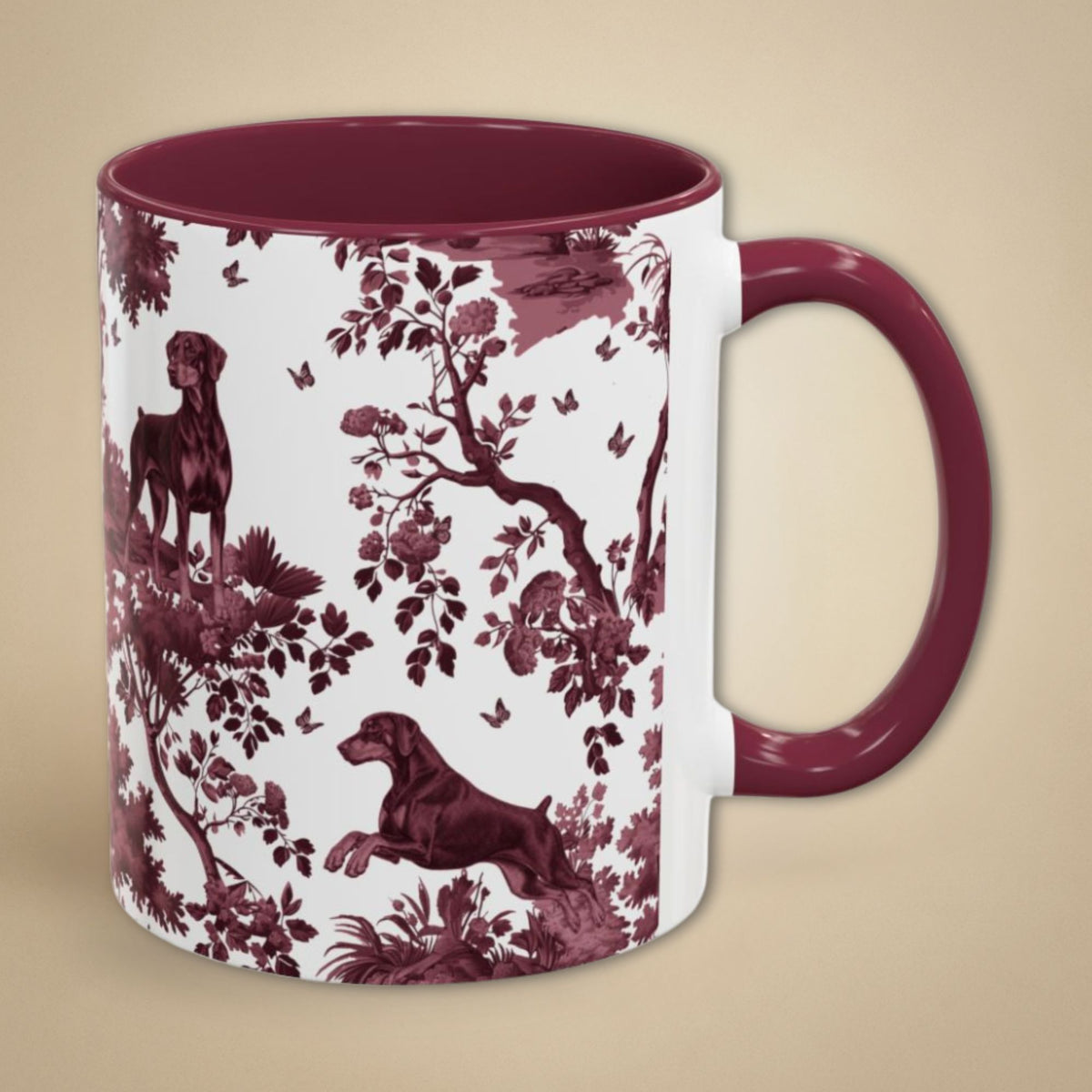 Doberman Uncropped cranberry toile 11 oz ceramic mug, right view