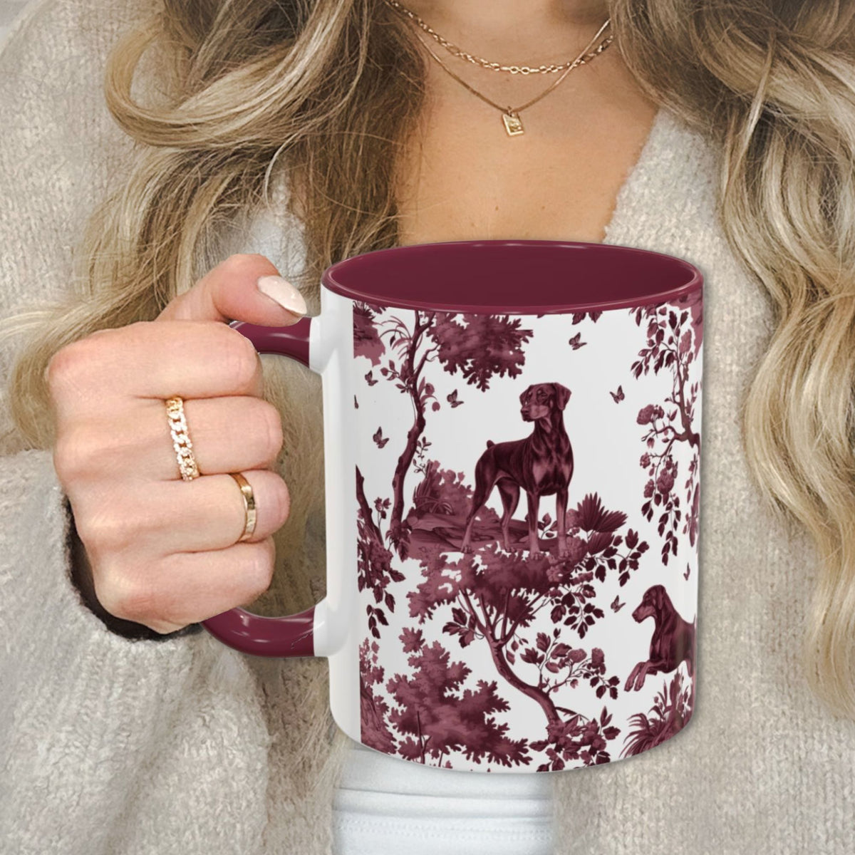 Doberman Uncropped cranberry toile 11 oz ceramic mug, left view