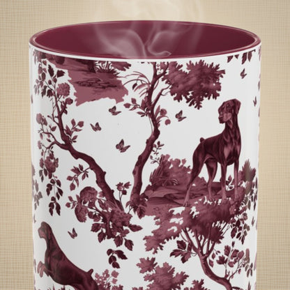 Doberman Uncropped cranberry toile 15 oz ceramic mug, front view