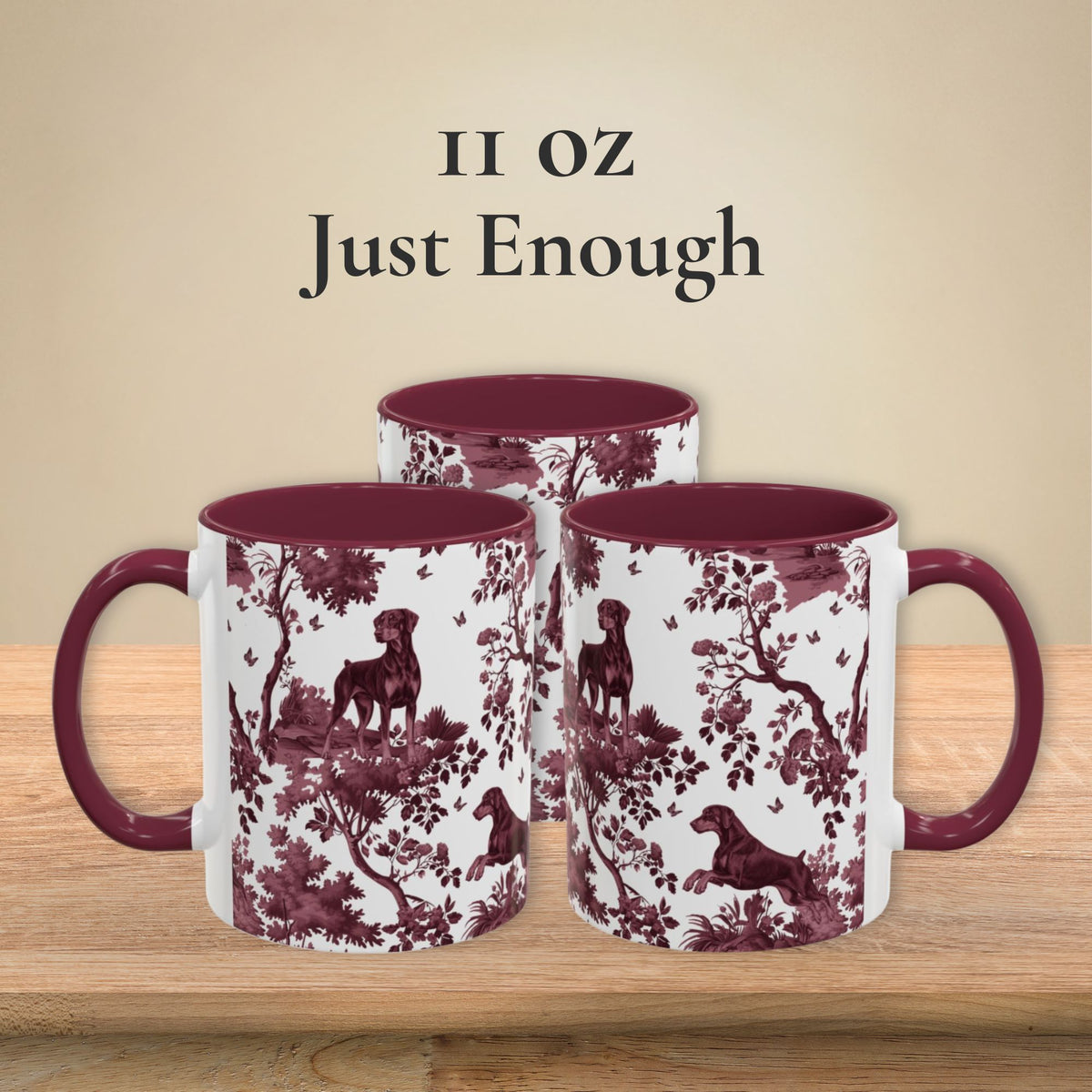 Doberman Uncropped cranberry toile 11 oz ceramic mug, left, front and right views