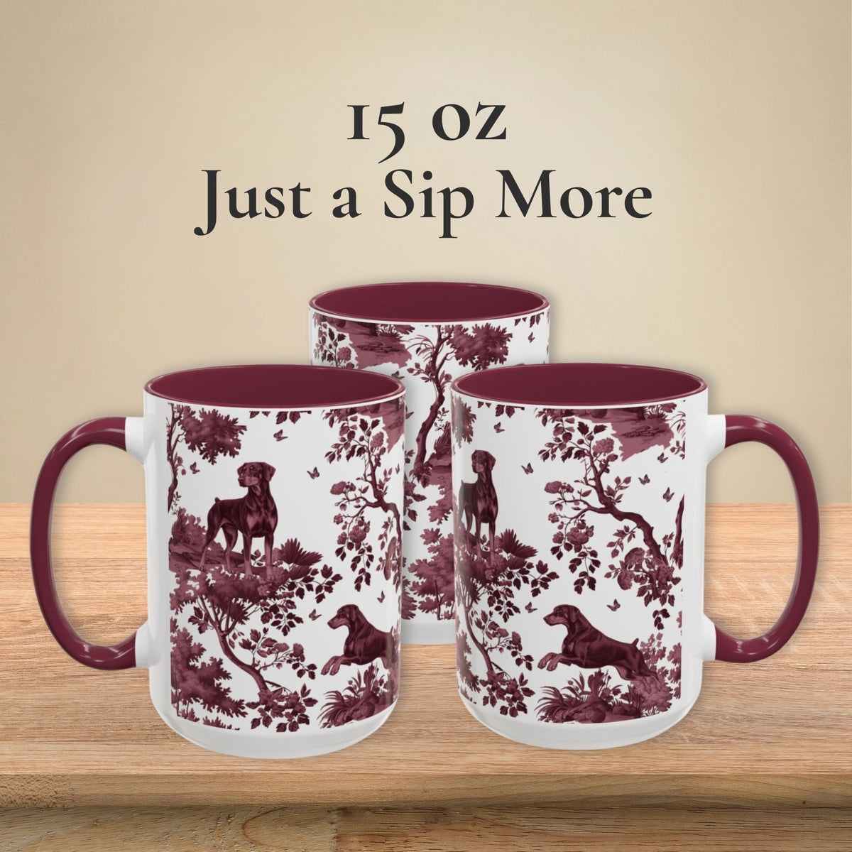 Doberman Uncropped cranberry toile 15 oz ceramic mug, left, front and right views