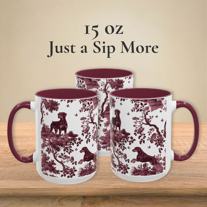 Doberman Uncropped cranberry toile 15 oz ceramic mug, left, front and right views