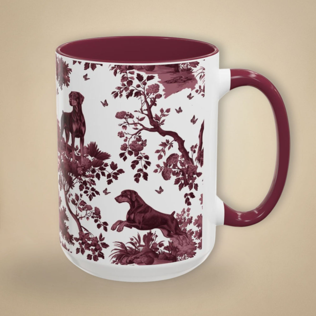Doberman Uncropped cranberry toile 15 oz ceramic mug, right view