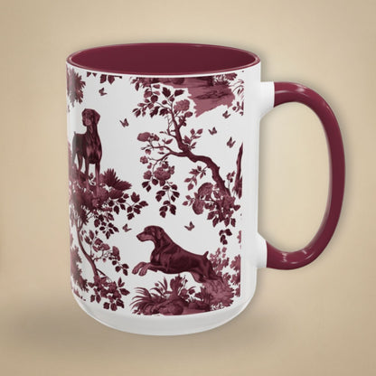 Doberman Uncropped cranberry toile 15 oz ceramic mug, right view