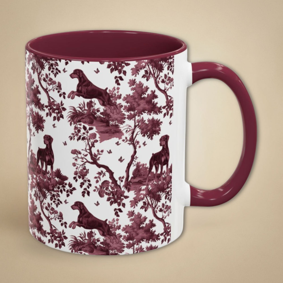 Doberman Uncropped petite cranberry toile 11 oz ceramic mug, right view