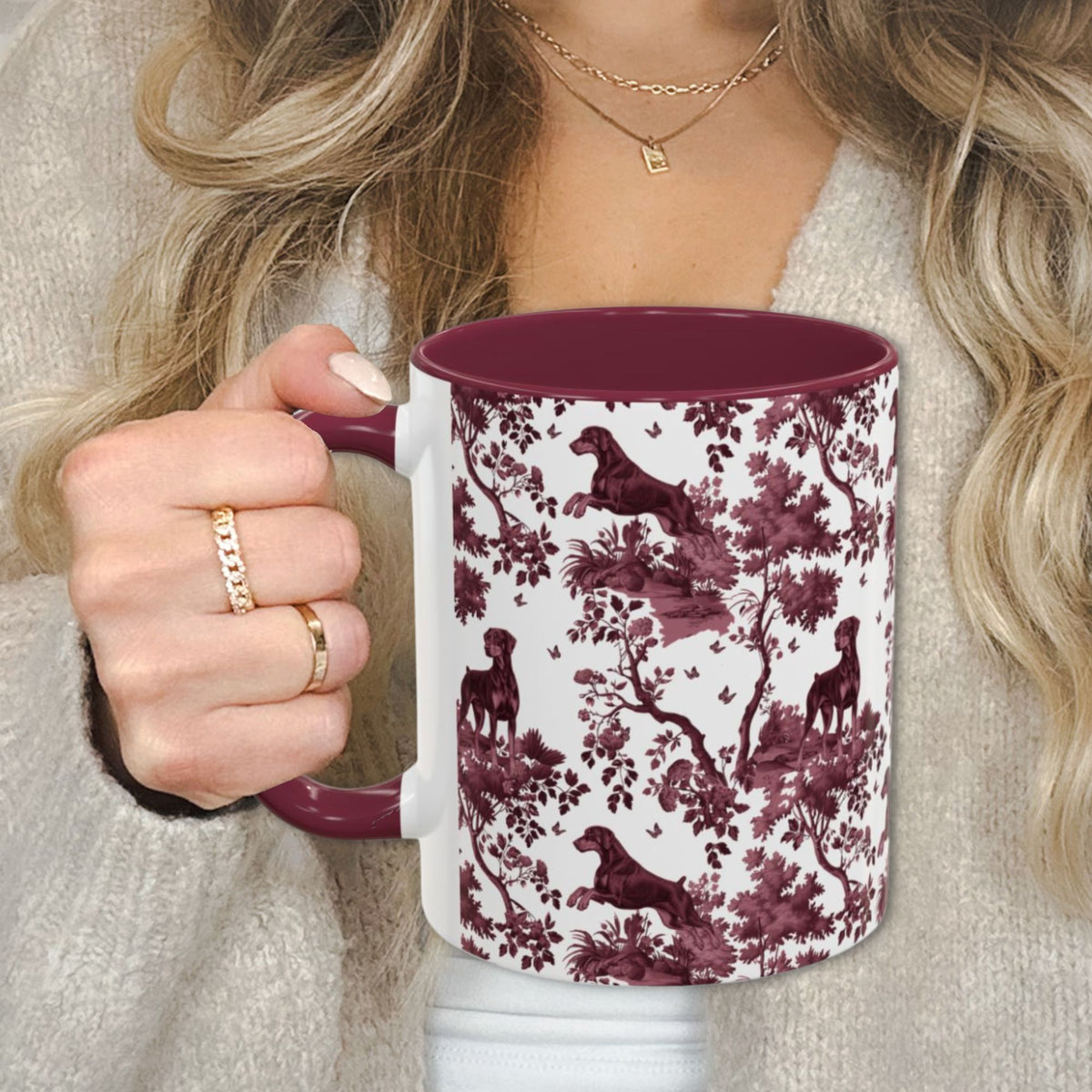Doberman Uncropped petite cranberry toile 11 oz ceramic mug, left view
