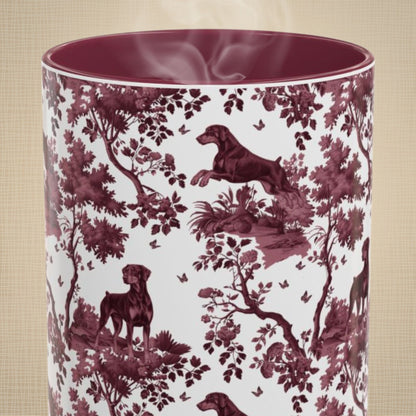 Doberman Uncropped petite cranberry toile 15 oz ceramic mug, front view