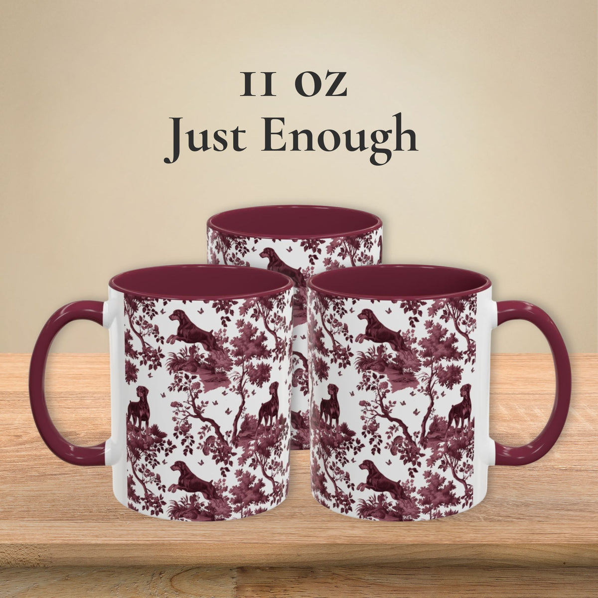 Doberman Uncropped petite cranberry toile 11 oz ceramic mug, left, front and right views