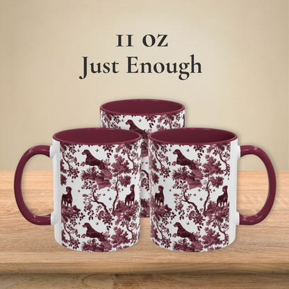 Doberman Uncropped petite cranberry toile 11 oz ceramic mug, left, front and right views
