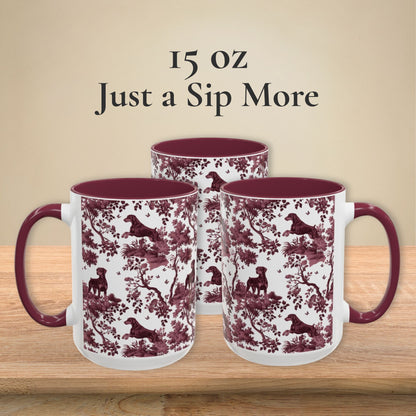 Doberman Uncropped petite cranberry toile 15 oz ceramic mug, left, front and right views