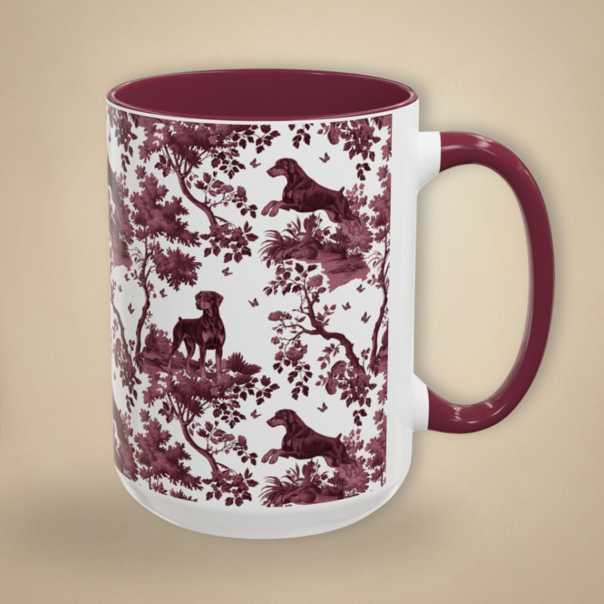 Doberman Uncropped petite cranberry toile 15 oz ceramic mug, right view