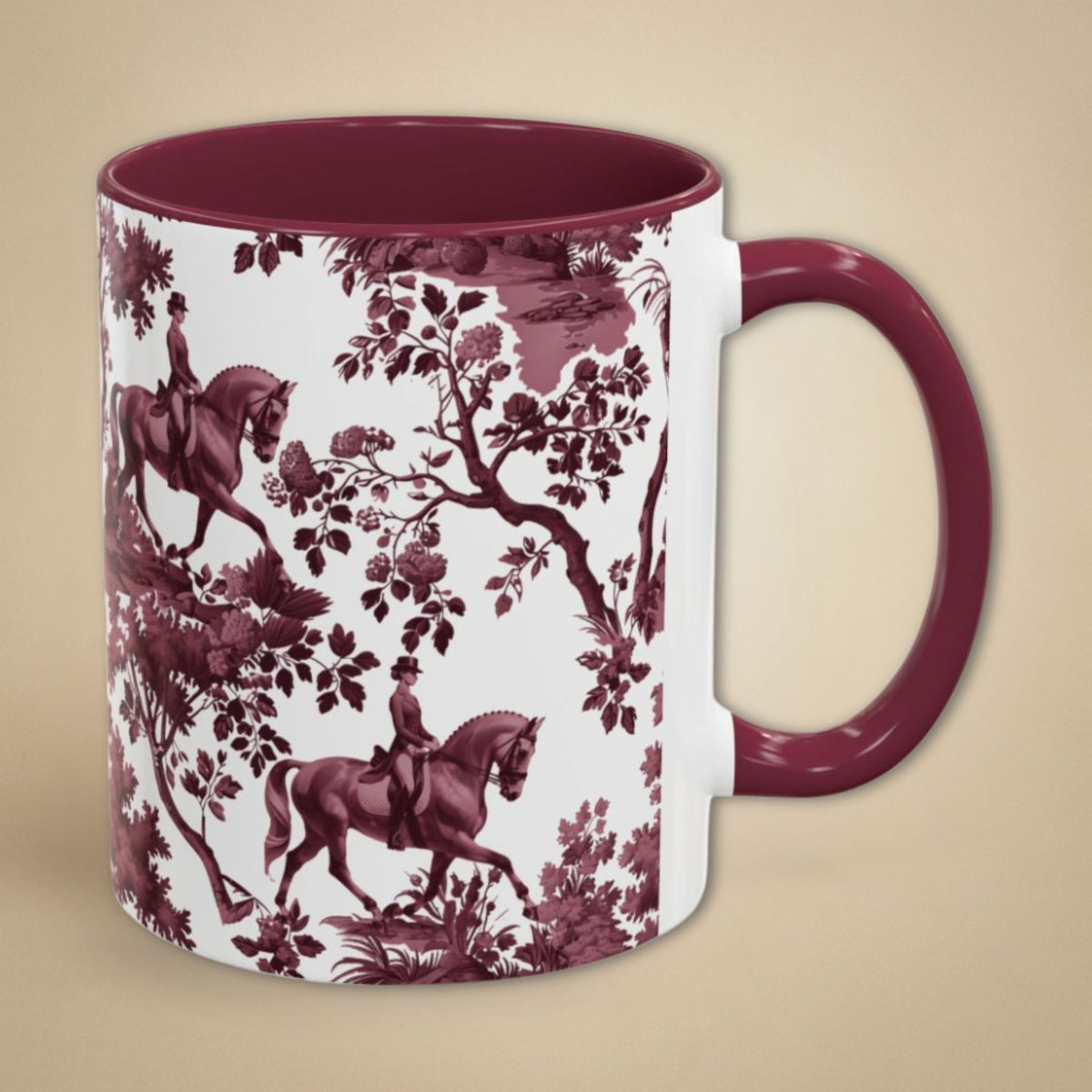 Dressage Horse cranberry toile 11 oz ceramic mug, right view