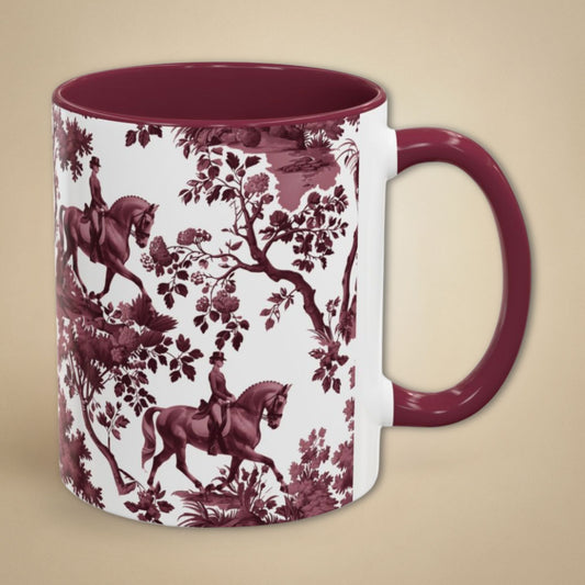 Dressage Horse cranberry toile 11 oz ceramic mug, right view