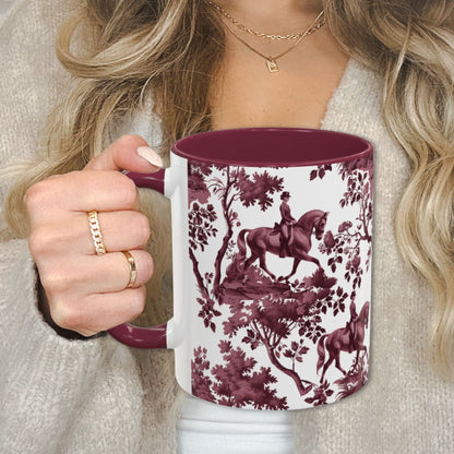 Dressage Horse cranberry toile 11 oz ceramic mug, left view
