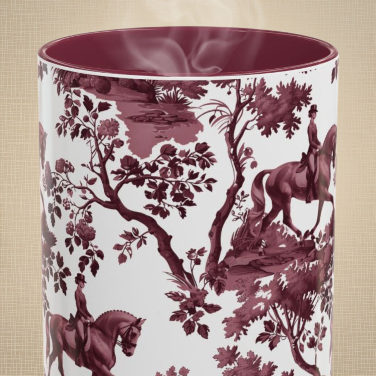Dressage Horse cranberry toile 15 oz ceramic mug, front view