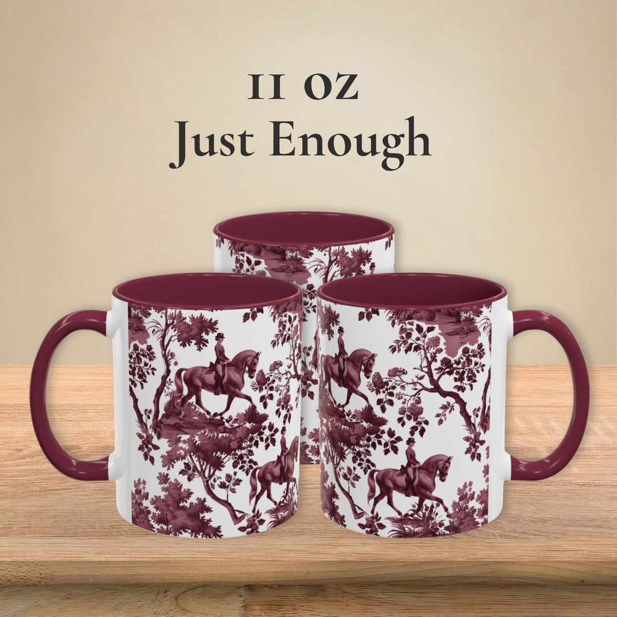 Dressage Horse cranberry toile 11 oz ceramic mug, left, front and right views