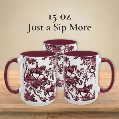 Dressage Horse cranberry toile 15 oz ceramic mug, left, front and right views
