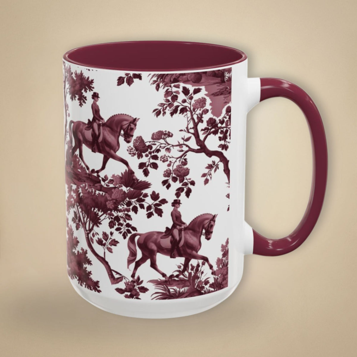 Dressage Horse cranberry toile 15 oz ceramic mug, right view