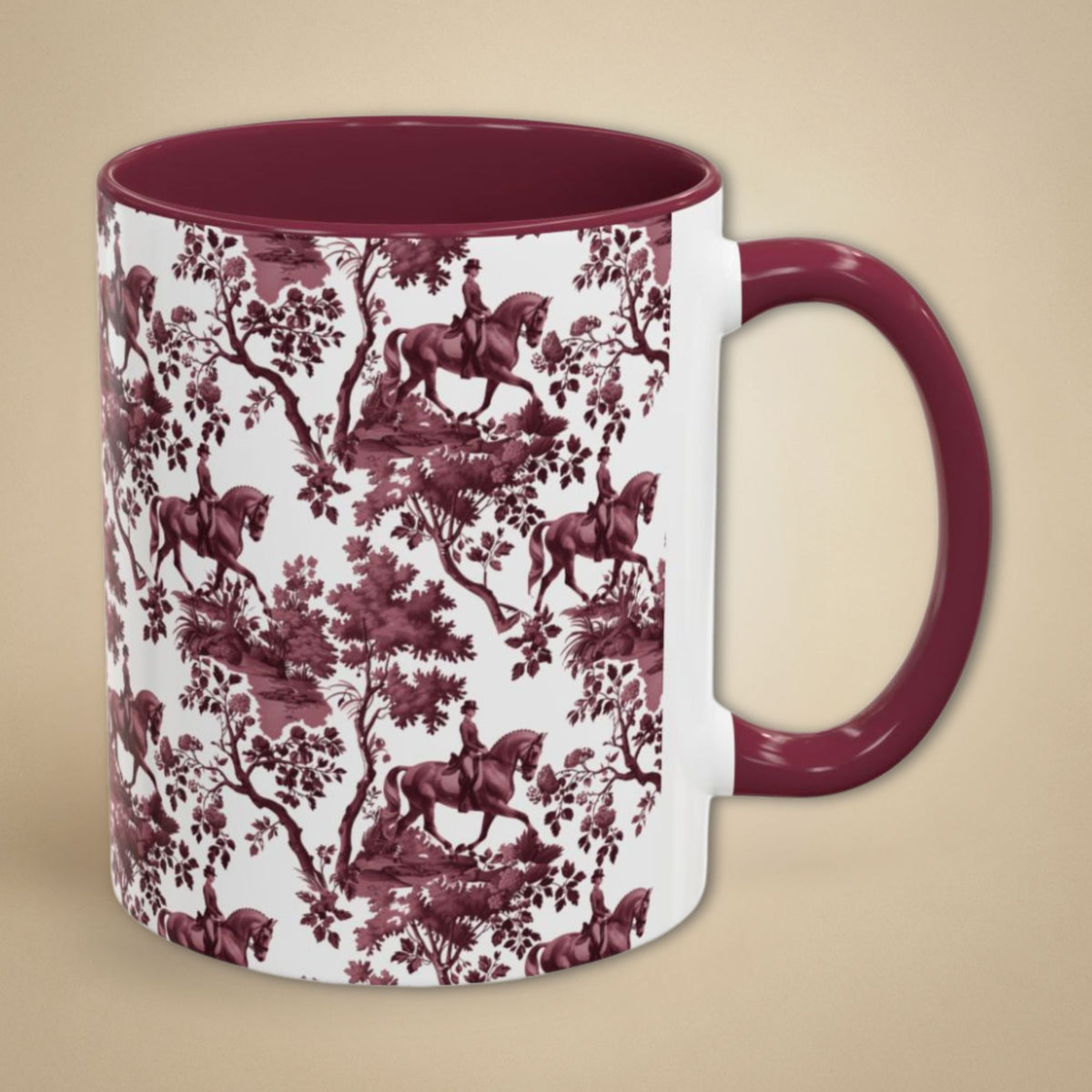 Dressage Horse petite cranberry toile 11 oz ceramic mug, right view