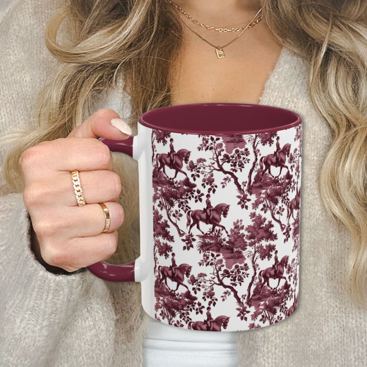 Dressage Horse petite cranberry toile 11 oz ceramic mug, left view