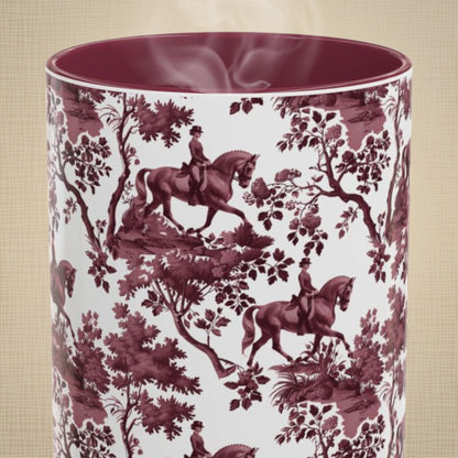 Dressage Horse petite cranberry toile 15 oz ceramic mug, front view