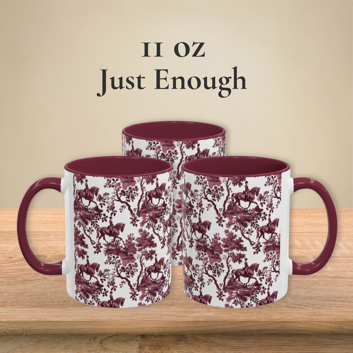 Dressage Horse petite cranberry toile 11 oz ceramic mug, left, front and right views