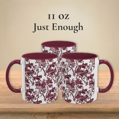 Dressage Horse petite cranberry toile 11 oz ceramic mug, left, front and right views
