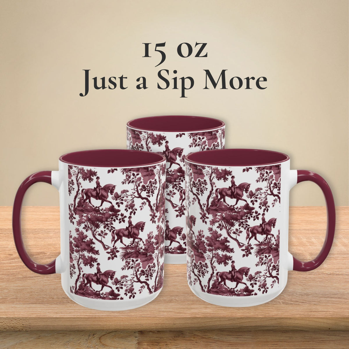 Dressage Horse petite cranberry toile 15 oz ceramic mug, left, front and right views