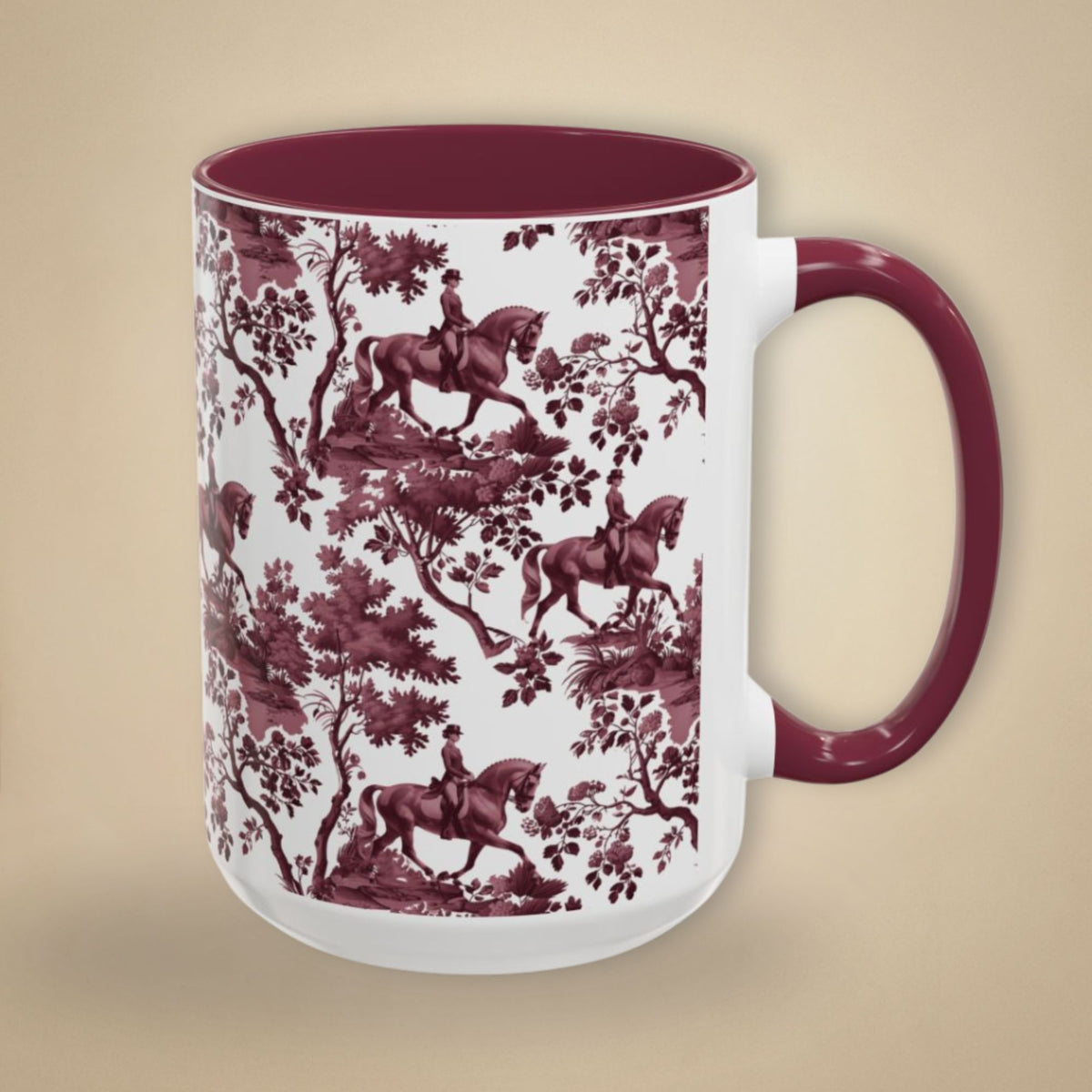 Dressage Horse petite cranberry toile 15 oz ceramic mug, right view