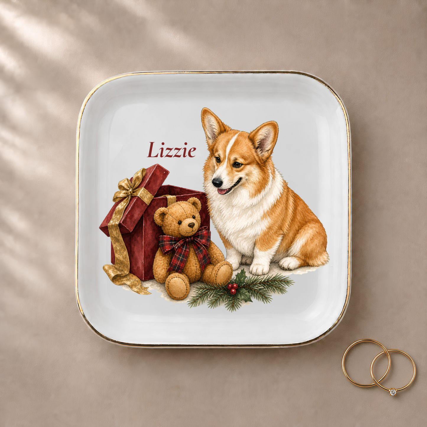Pembroke Welsh Corgi jewelry dish styled with gold rings and a personalized name