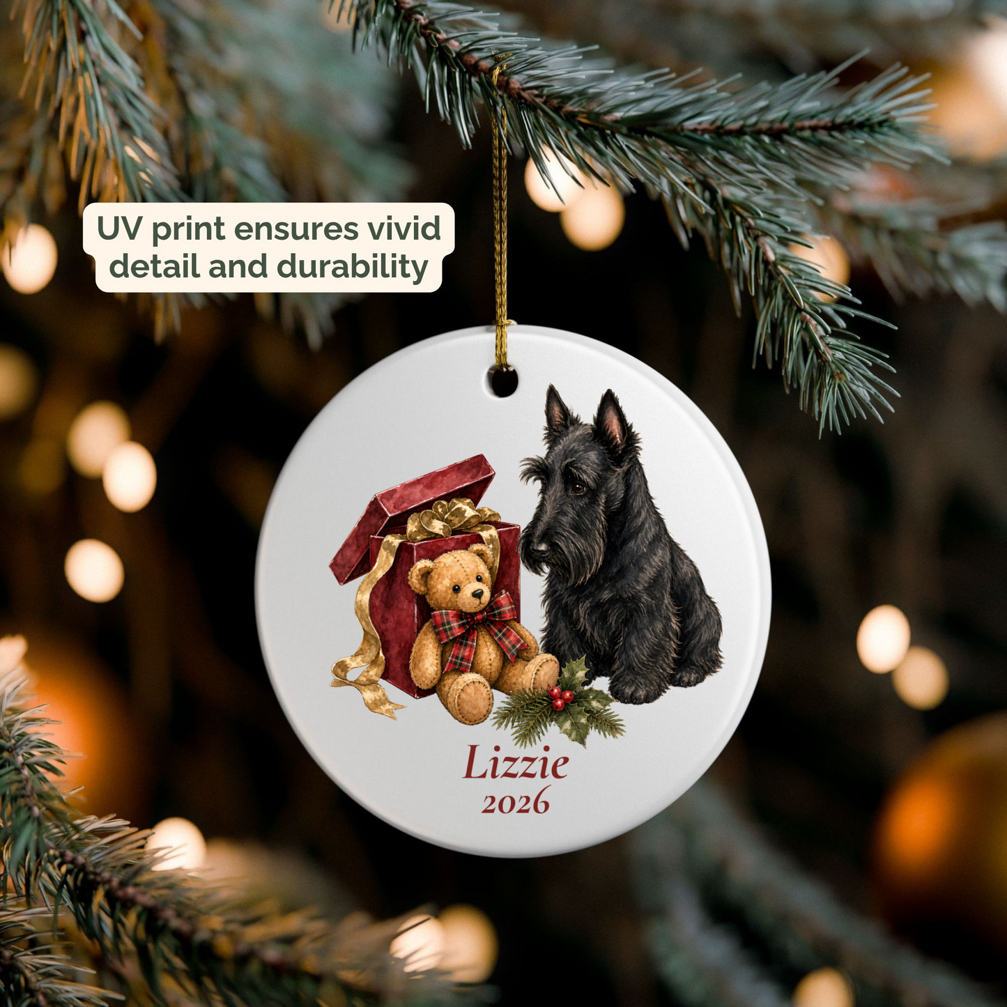 Personalized Scottish Terrier ornament hanging on a lit Christmas tree
