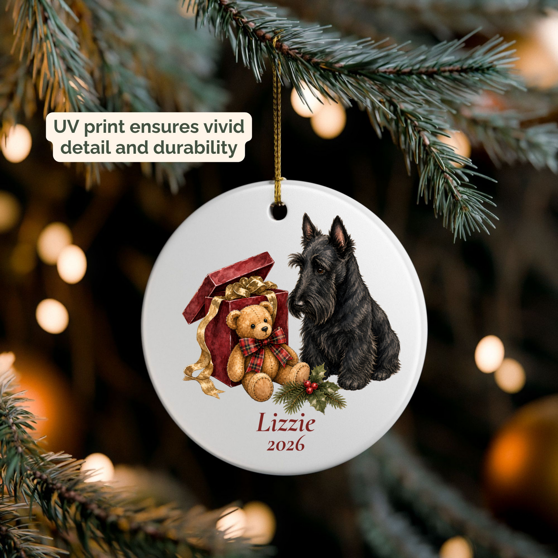 Personalized Scottish Terrier ornament hanging on a lit Christmas tree