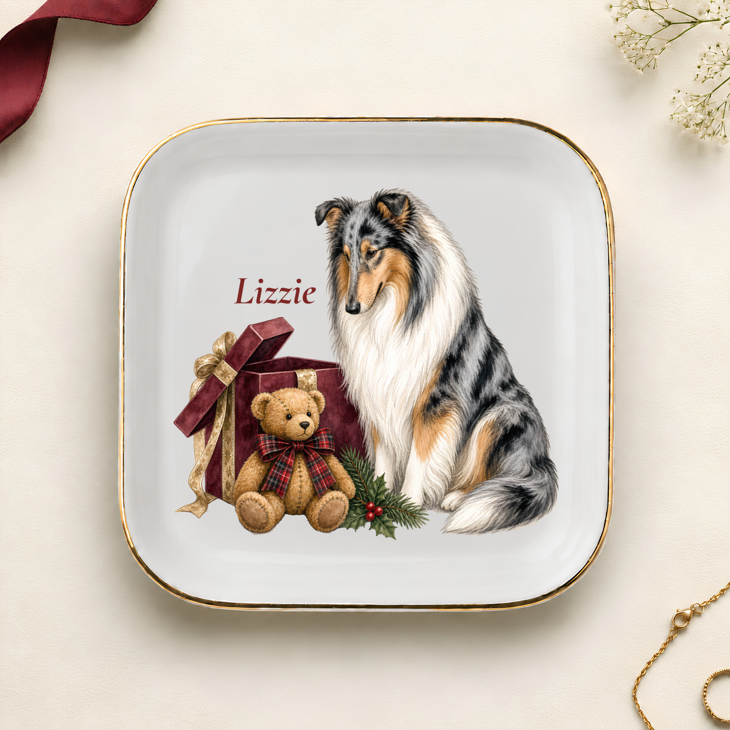 Personalized Rough Collie Christmas jewelry dish with gold rim