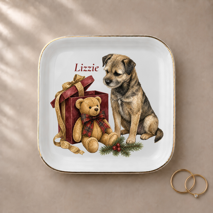 Border Terrier jewelry dish styled with gold rings and a personalized name