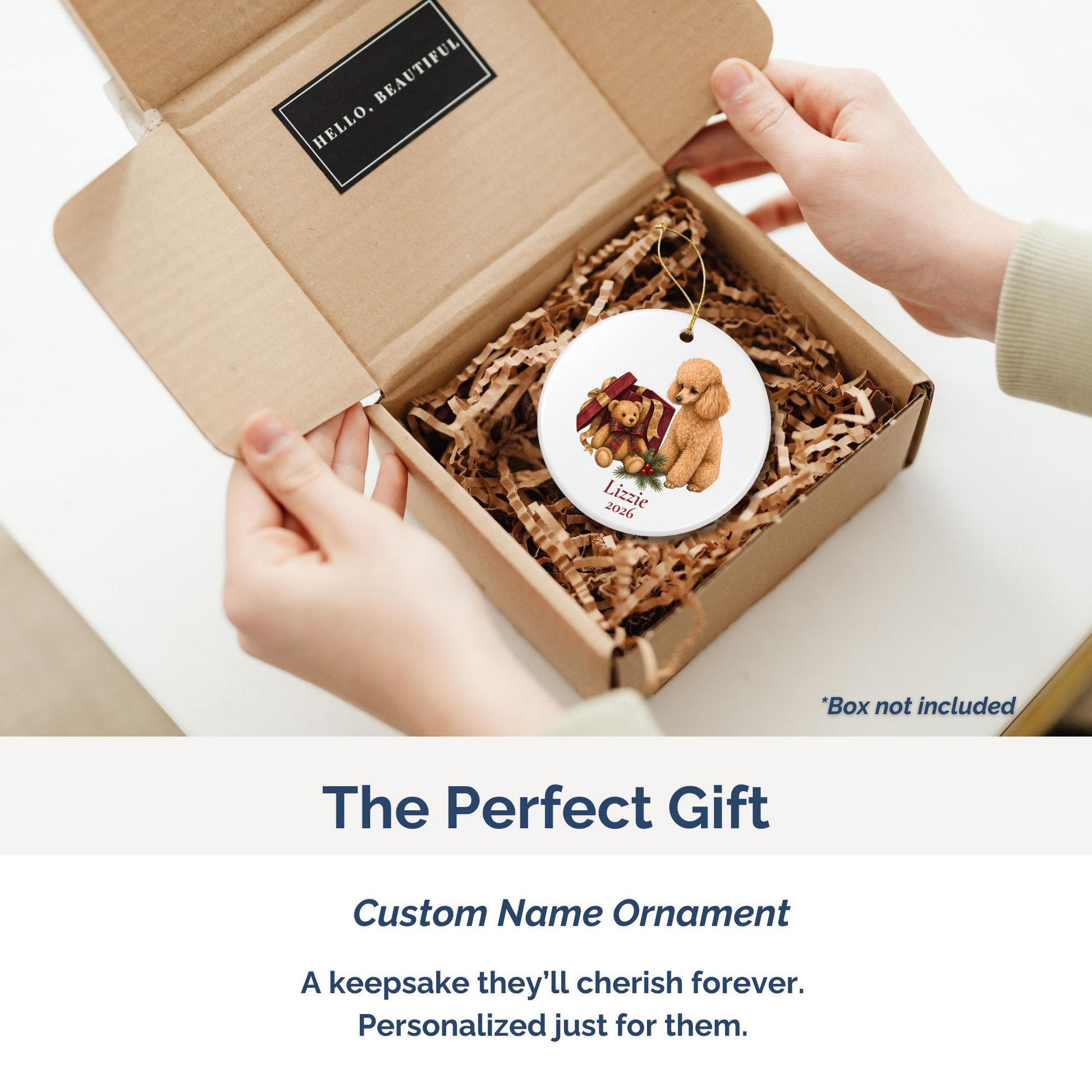 Miniature Poodle (Apricot) personalized ornament packed in a gift mailer box