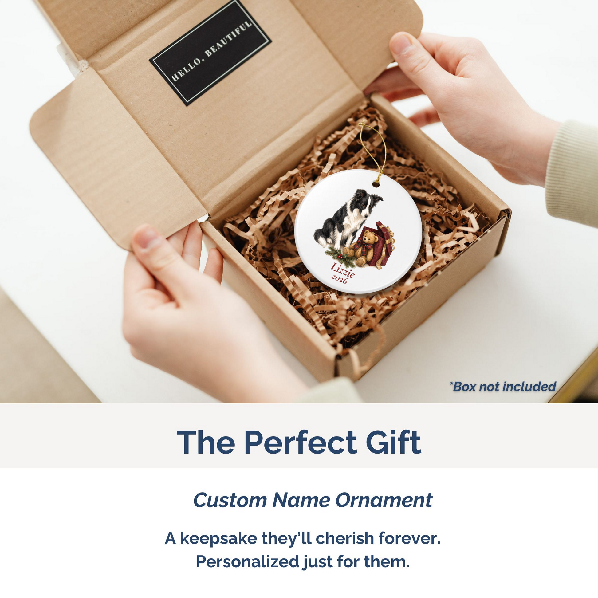 Border Collie personalized ornament packed in a gift mailer box