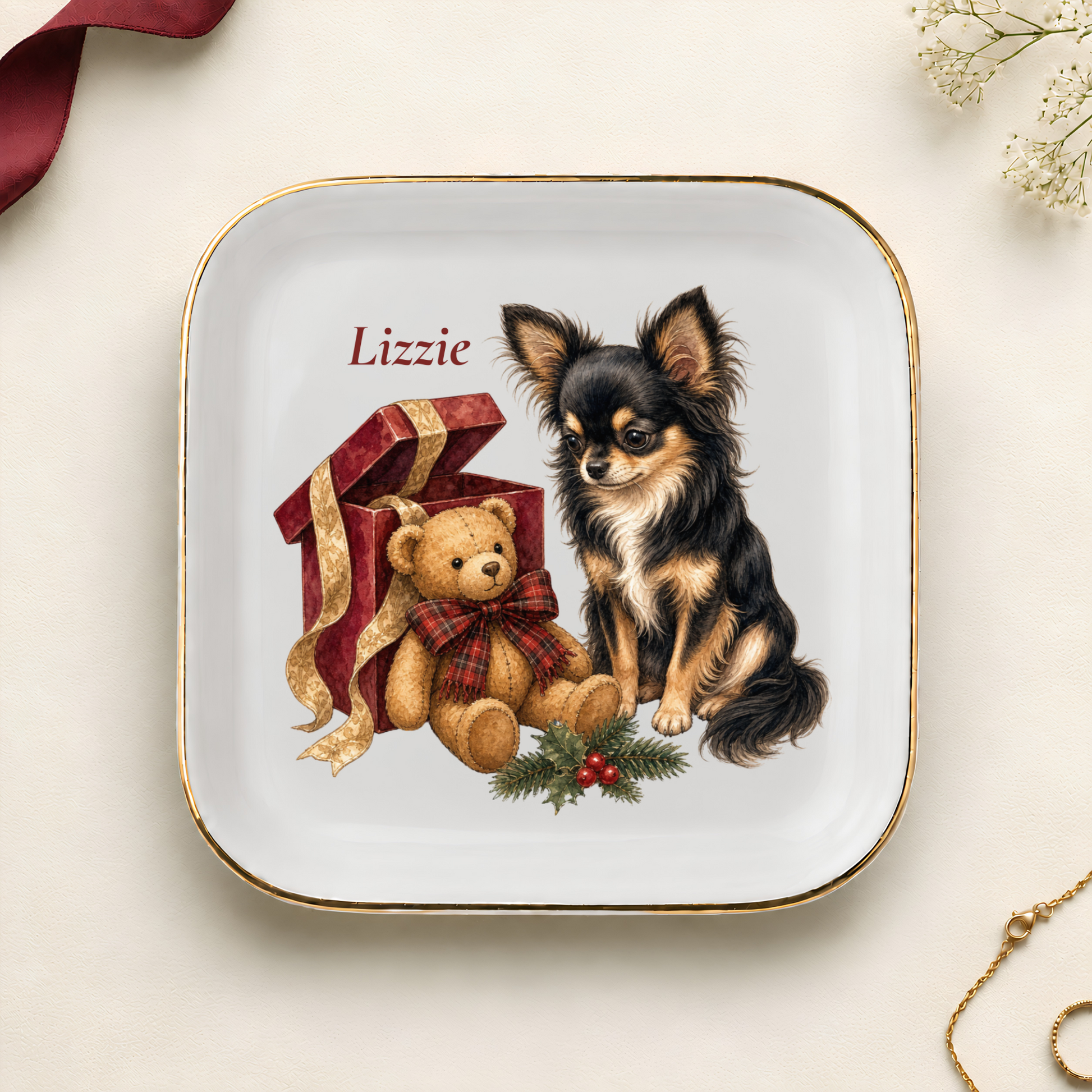 Personalized Longhaired Chihuahua Christmas jewelry dish with gold rim