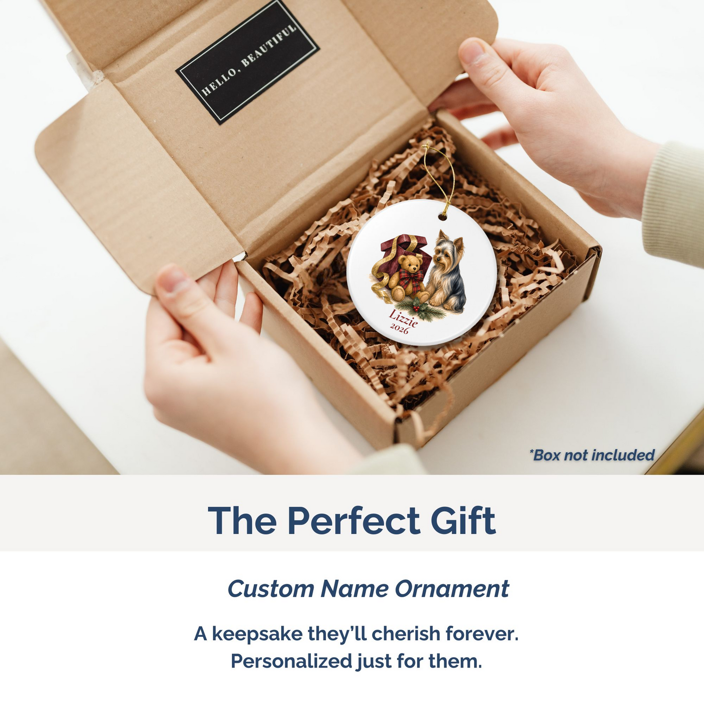 Yorkshire Terrier personalized ornament packed in a gift mailer box