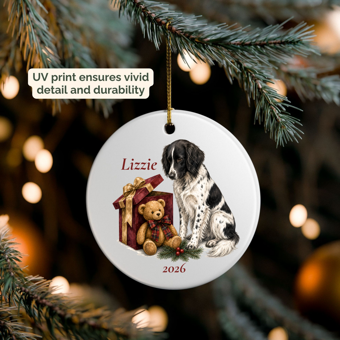 Personalized Large Munsterlander ornament hanging on a lit Christmas tree