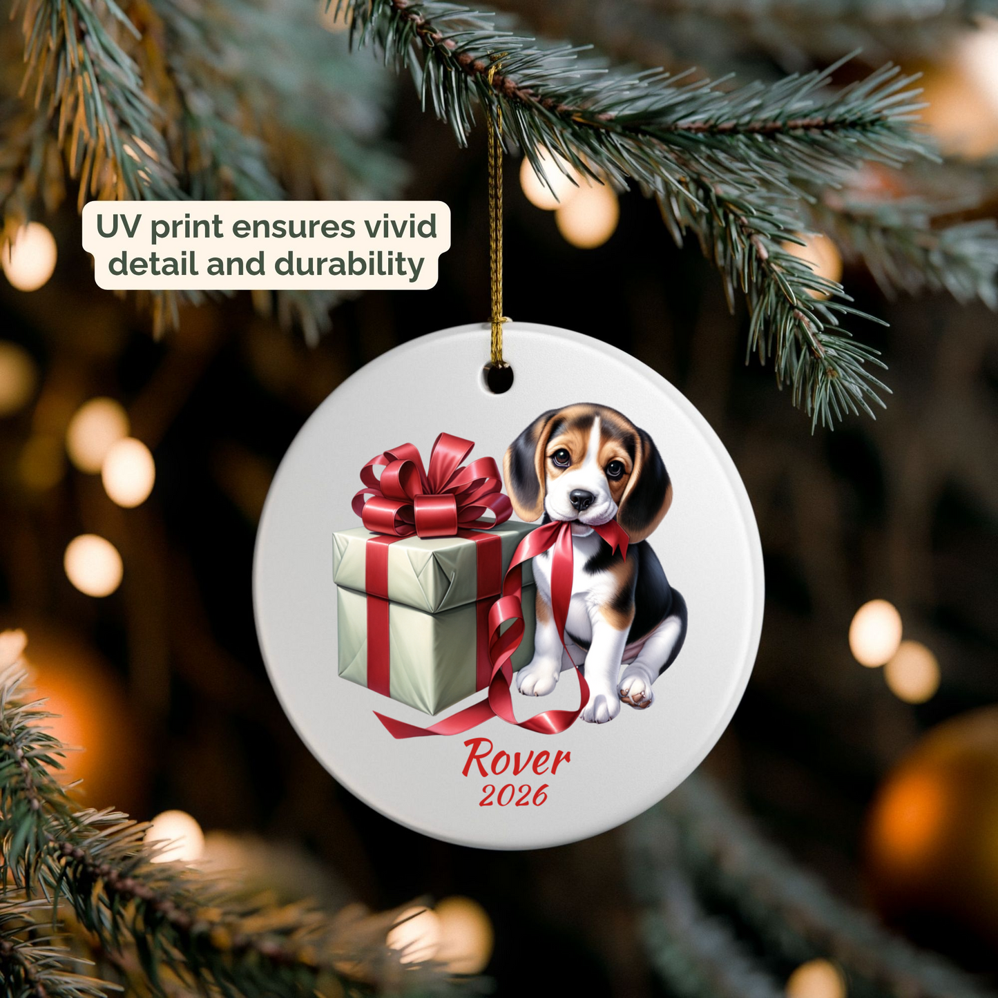 Personalized Beagle ornament hanging on a lit Christmas tree
